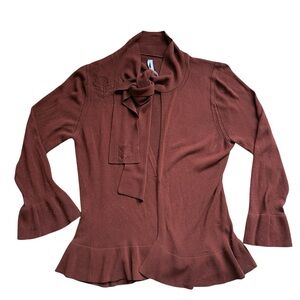 Max Studio Y2K Cropped Tie Neck Embroidered Ruffle Cardigan Brown Medium